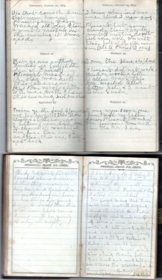 1869 & 74 Handwritten Diaries Sandwich Ill Fremont Ia China Me Taunton Ma Cook