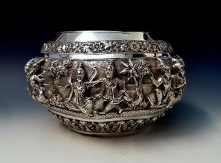 Fine Large Antique Indian Malay Burmese Islamic Embossed Solid Silver Bowl 878g