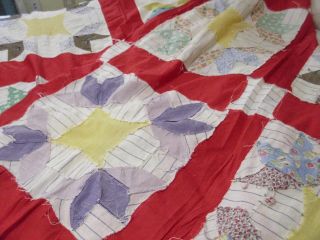 1930s Hand Stitched Feedsack Quilt Top Only Crown & Star 80 
