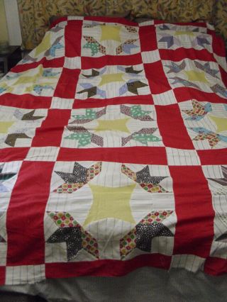 1930s Hand Stitched Feedsack Quilt Top Only Crown & Star 80 " X 96 "