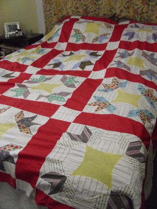 1930s Hand Stitched Feedsack Quilt Top Only Crown & Star 80 