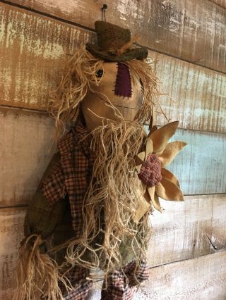 Primitive Grungy Scarecrow doll with Sunflowers Fall Halloween 27 