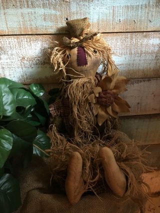 Primitive Grungy Scarecrow Doll With Sunflowers Fall Halloween 27 " Handstitched
