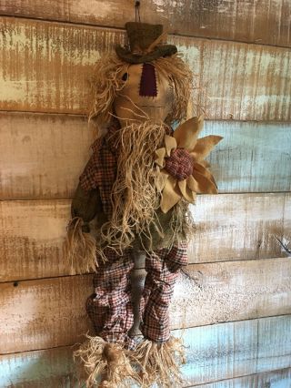 Primitive Grungy Scarecrow doll with Sunflowers Fall Halloween 27 