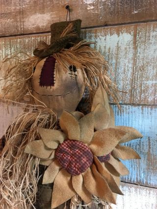 Primitive Grungy Scarecrow doll with Sunflowers Fall Halloween 27 