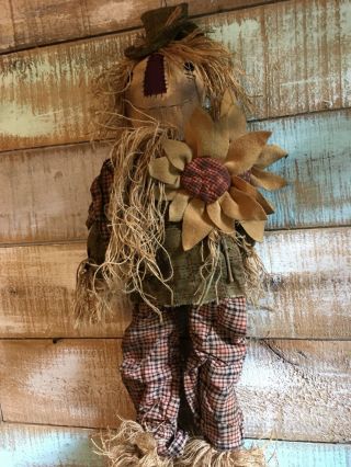 Primitive Grungy Scarecrow doll with Sunflowers Fall Halloween 27 