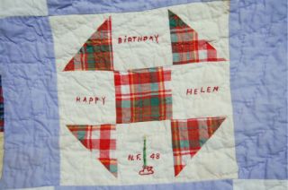 CHEERY Signed Vintage 40 ' s Sampler Friendship Antique Quilt BIRTHDAY CAKE 8