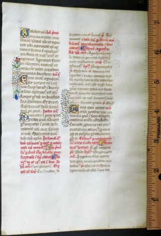 Masterful Medieval Illuminated Manuscript Lf,  Vellum,  Deco.  Color Gold Init.  C.  1475