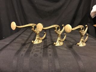 3 ANTIQUE VICTORIAN ORNATE MATCHING SOLID BRASS WALL/HALL TREE HOOKS 10