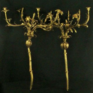 Pr Large Antique Gilt Brass Tole Newel Post Or Sconce Candelabra Lamp Parts
