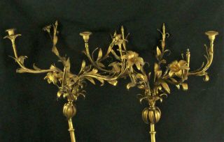 Pr Large Antique Gilt Brass Tole Newel Post or Sconce Candelabra Lamp Parts 2