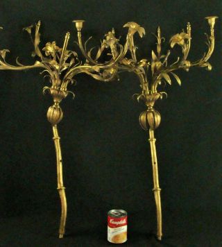 Pr Large Antique Gilt Brass Tole Newel Post or Sconce Candelabra Lamp Parts 5