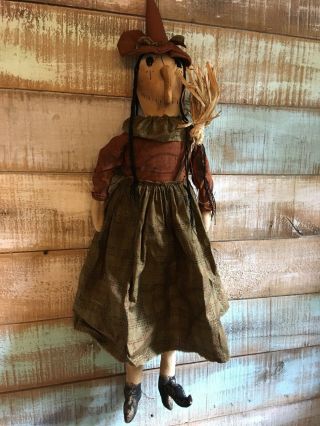 Primitive Folk Art Large Witch Doll With Broom Halloween Fall 34 " Tall