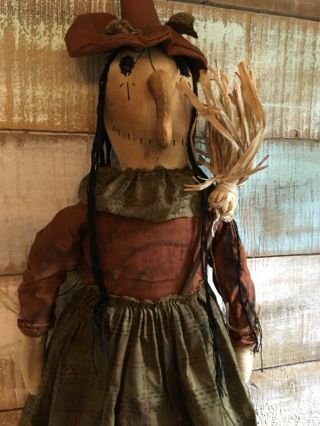 Primitive Folk ARt Large Witch doll with Broom Halloween Fall 34 