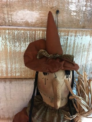 Primitive Folk ARt Large Witch doll with Broom Halloween Fall 34 