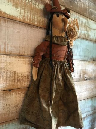 Primitive Folk ARt Large Witch doll with Broom Halloween Fall 34 