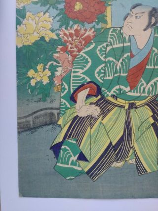 JAPANESE WOODBLOCK PRINT 1868 YOSHITOSHI ANTIQUE SAMURAI & flowers 8