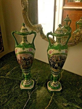 Pair Antique 1800s French Porcelain Double Handle Lidded Urn Vases,  Hand - Painted