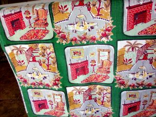 Vintage novelty barkcloth cotton fabric remnant panel mid century cottage 4