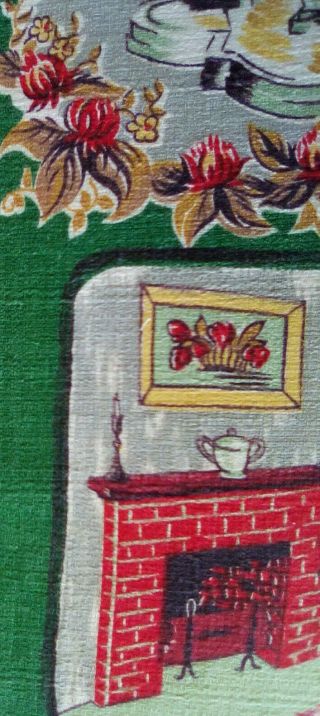 Vintage novelty barkcloth cotton fabric remnant panel mid century cottage 6