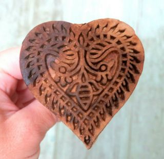 Beautifully Carved Primitive Wood Heart W Honey Bee Butter Mold Stamp Press