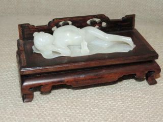 Vintage Old White Celadon Jade Chinese Antique Nude Model On Sofa Rare Nr Qing