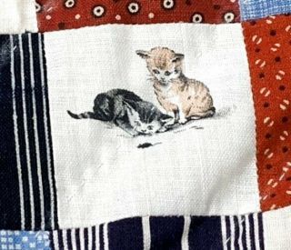 4 Block Patch Antique QUILT c 1880s Prints Conversation CAT Horses 2