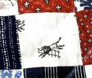 4 Block Patch Antique QUILT c 1880s Prints Conversation CAT Horses 5