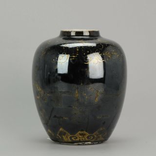 Antique Chinese 18c Kangxi Dark Colored Vase Figures Gold Marked