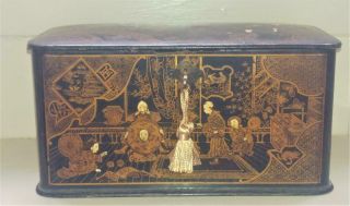 Antique Japanese Export Gilded Lacquer Tea Caddy - Interior Court Scenes Signed