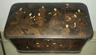 Antique Japanese Export Gilded Lacquer Tea Caddy - Interior Court Scenes Signed 2