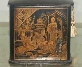Antique Japanese Export Gilded Lacquer Tea Caddy - Interior Court Scenes Signed 3