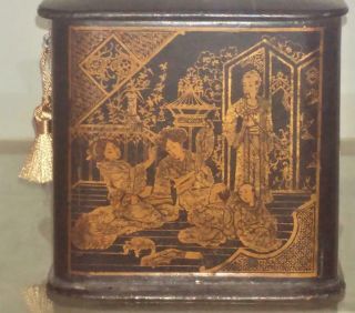 Antique Japanese Export Gilded Lacquer Tea Caddy - Interior Court Scenes Signed 5