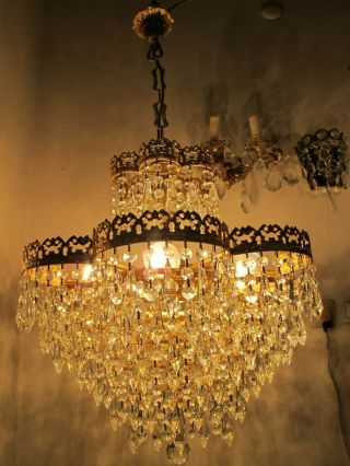 Antique Vnt French Huge Swarovski Crystal Chandelier Lamp Lustre 1940 ' s 21in dmt 2