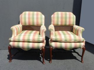 Unique Vintage French Country Cottage Half Cane Back Accent Arm Chairs