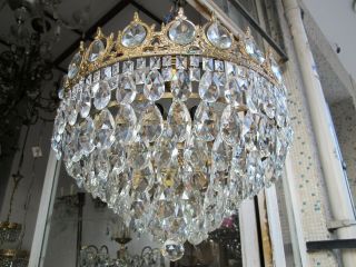 Antique Vnt French Plafonniere Crystal Chandelier Lamp Lustre 1940 ' s 18in Dmetr 10