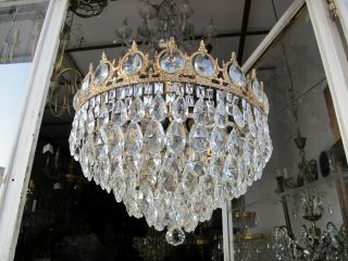 Antique Vnt French Plafonniere Crystal Chandelier Lamp Lustre 1940 ' s 18in Dmetr 11