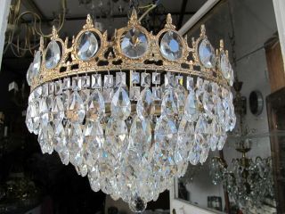 Antique Vnt French Plafonniere Crystal Chandelier Lamp Lustre 1940 ' s 18in Dmetr 12