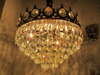 Antique Vnt French Plafonniere Crystal Chandelier Lamp Lustre 1940 