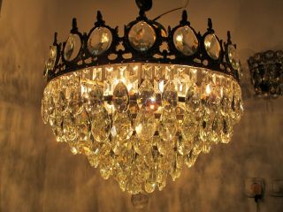 Antique Vnt French Plafonniere Crystal Chandelier Lamp Lustre 1940 ' s 18in Dmetr 2