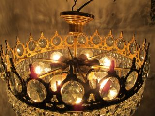Antique Vnt French Plafonniere Crystal Chandelier Lamp Lustre 1940 ' s 18in Dmetr 4
