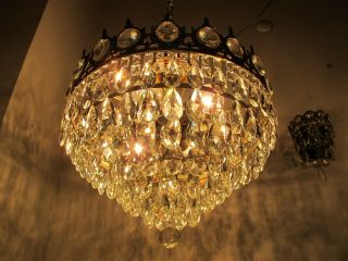 Antique Vnt French Plafonniere Crystal Chandelier Lamp Lustre 1940 ' s 18in Dmetr 6