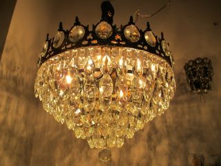 Antique Vnt French Plafonniere Crystal Chandelier Lamp Lustre 1940 ' s 18in Dmetr 7