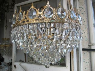 Antique Vnt French Plafonniere Crystal Chandelier Lamp Lustre 1940 ' s 18in Dmetr 8