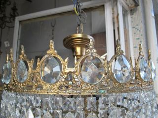 Antique Vnt French Plafonniere Crystal Chandelier Lamp Lustre 1940 ' s 18in Dmetr 9