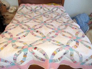 Vintage 1925 Hand Stitched Double Wedding Ring Quilt Feed Sacks Aqua & Pink