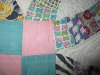 VINTAGE 1925 HAND STITCHED DOUBLE WEDDING RING QUILT FEED SACKS AQUA & PINK 2