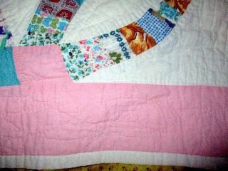 VINTAGE 1925 HAND STITCHED DOUBLE WEDDING RING QUILT FEED SACKS AQUA & PINK 6