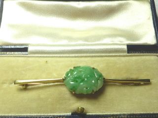 ANTIQUE CHINESE CARVED APPLE JADE JADEITE 9CT GOLD BROOCH PIN BOX 6