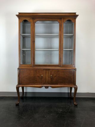 Vintage Walnut Queen Anne Petite China Cabinet w Painted Interior 2